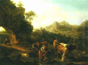A Shepherd And Shepherdess With Their Flock At A Pool