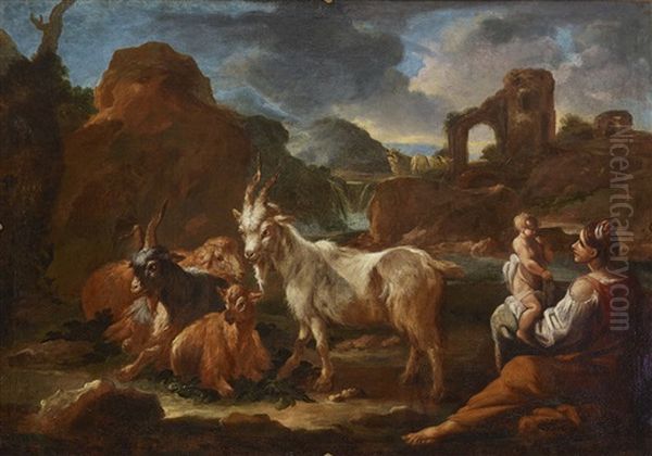 Hirtin Mit Kind Und Herde In Ruinenlandschaft - view 1