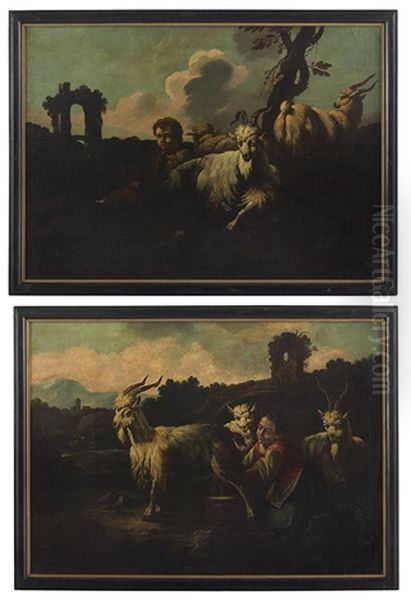 Shepherd With His Flock In An Italianate Landscape And Shepherd Milking A Goat In An Italianate Landscape - view 1