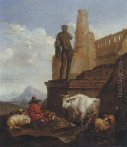 An Italianate Landscape With A Shepherd Resting With Cattle by Theodor Roos