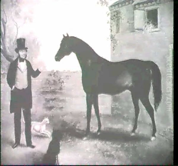 A Gentleman With His Hunter And Two Dogs In A Stable Yard - view 1