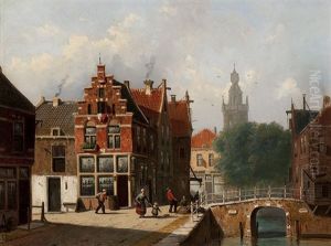 Dutch Townscape With A View Of A Church Tower by Frederik Roosdorp
