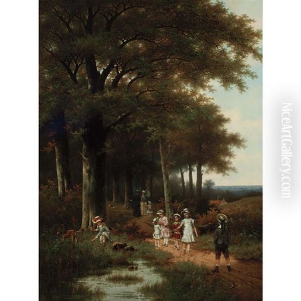 Children Playing Along A Forest Path - view 1
