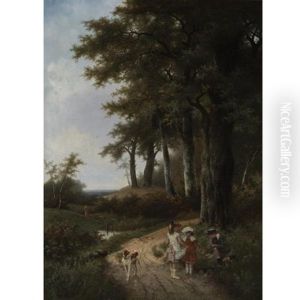 Children Picking Flowers In A Park (in Collab. W/hendrik Pieter Koekkoek) by Albert Roosenboom
