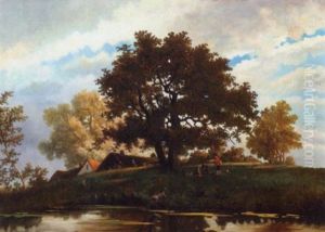 A Group Of Boys With Their Dogs Lazing Under A Tree By A River