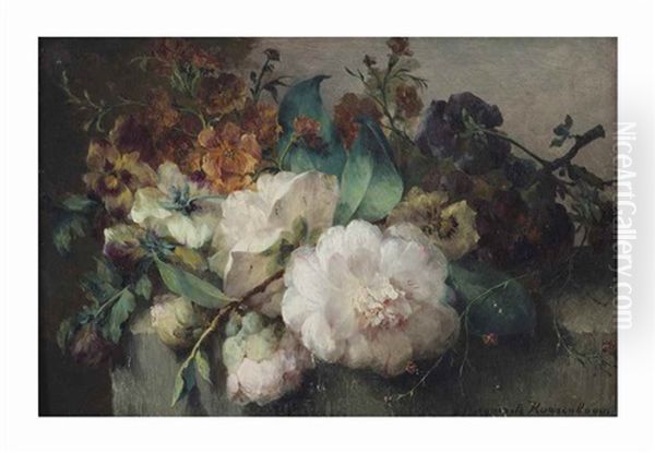 Peonies And Violets On A Stone Ledge - view 1