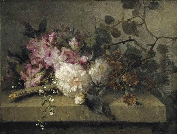 Rhododendrons And Roses On A Stone Ledge - view 1
