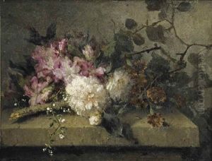 Rhododendrons And Roses On A Stone Ledge by Margaretha Roosenboom