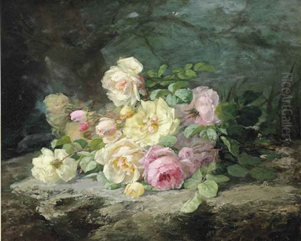 White And Pink Roses On A Forest Floor - view 1