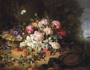 Gallica Roses, White Lilies, Carnations, Cornflowers, Hollyhocks, Honeysuckle, An Ivy Branch And Butterflies On A Forest Floor