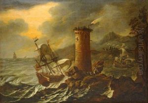 Navires Sur Une Mer Agitee Aux Abords D'un Phare.
