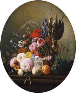 Blumen- Und Fruchtestilleben Mit Aufgehangter Bekassine
