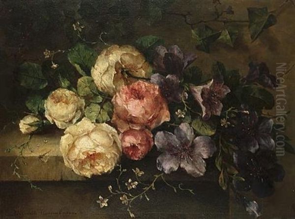 Still Life Of Roses And Convolvulus On A Stone Ledge - view 1
