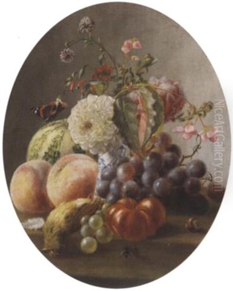 Reiches Herbstliches Stilleben Mit Trauben, Kurbissen, Pfirschen Und Erlegtem Singvogel Vor Einem Blumenstraus - view 1
