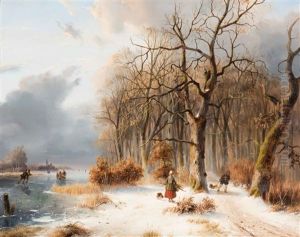 Ice Skaters And Wood Gatherers In A Winter River Landscape With A City In The Background by Nicolaas Johannes Roosenboom