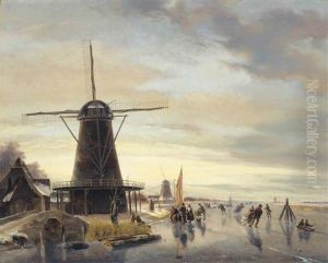 Skaters On A Frozen Waterway by Nicolaas Johannes Roosenboom