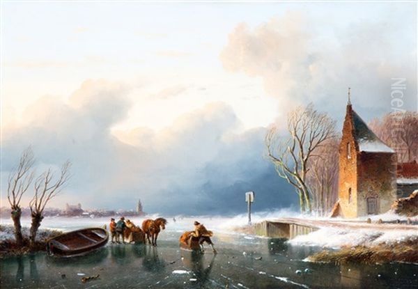 Schaatsers En Sledes Op Het Ijs Bij Een Kapelletje - view 1