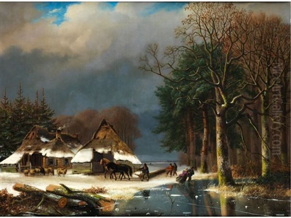 Winterliche Ansicht Mit Bauernhausern Und Figuren Beim Eisvergnugen - view 1