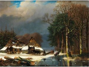 Winterliche Ansicht Mit Bauernhausern Und Figuren Beim Eisvergnugen by Nicolaas Johannes Roosenboom