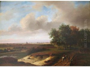 Figures On A Country Road, A Distant Town Beyond by Nicolaas Johannes Roosenboom