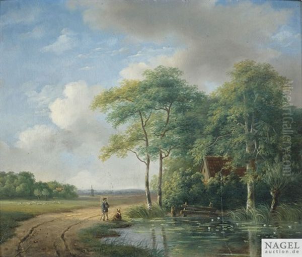 Sommerliche Landschaft Mit Bauernpaar Auf Einem Sandigen Fahrweg An Einem Weiher - view 1