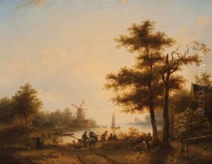 Vue D'une Embouchure Animee De Personnages Au Bord De La Rive Vue D'une Embouchure Animee De Personnages Au Bord De La Rive