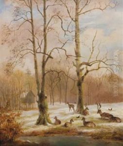 Deer Resting At The Edge Of A Snow-covered Forest by Nicolaas Johannes Roosenboom