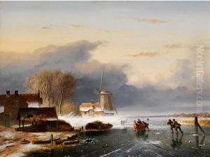 Vereiste Polderlandschaft Mit Windmuhle, Gebauden Und Schlittschuhlaufern Auf Dem Eis