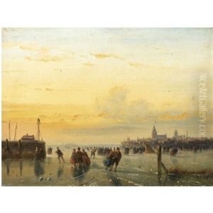 Numerous Skaters Near A Town by Nicolaas Johannes Roosenboom
