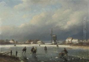 A Winter Landscape With Skaters And A Mill Beyond by Nicolaas Johannes Roosenboom