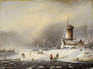 Winterlandschaft Mit Schlittschuhlaufern (+ Another; 2 Works) by Nicolaas Johannes Roosenboom