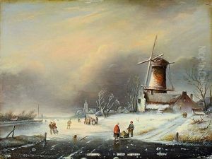 Winterlandschaft Mit Schlittschuhlaufern (+ Winterlandschaft Mit Schlittschuhlaufern; Pair) by Nicolaas Johannes Roosenboom