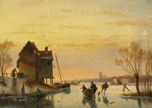 Skaters On The Merwede With Dordrecht Beyond
