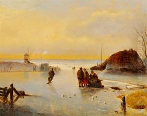 Dutch Landscape With People On A Frozen Lake by Nicolaas Johannes Roosenboom