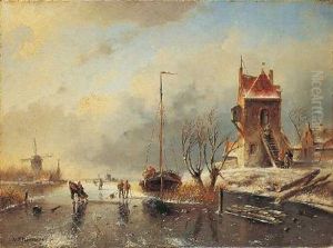 Zugefrorener Kanal Mit Eislaufern Und Schiff