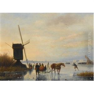 A Horse And Sledge On The Ice, A Koek En Zopie In The Distance by Nicolaas Johannes Roosenboom