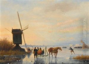 A Horse And Sledge On The Ice, A Koek En Zopie In The Distance by Nicolaas Johannes Roosenboom