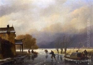 Scene De Patinage En Hiver by Nicolaas Johannes Roosenboom
