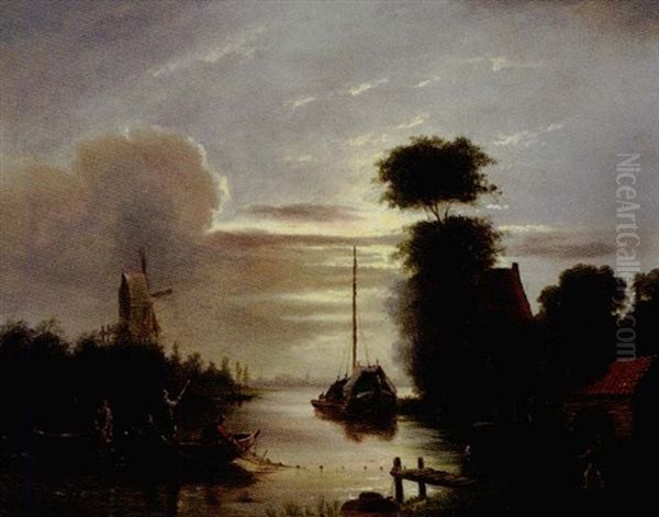 Fisherman Under The Moonlight With A Windmill In The Distance - view 1