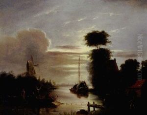 Fisherman Under The Moonlight With A Windmill In The Distance by Nicolaas Johannes Roosenboom