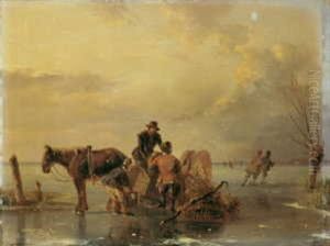 Winterlandschaft Mit Eislaufern Und Pferdefuhrwerk: by Nicolaas Johannes Roosenboom