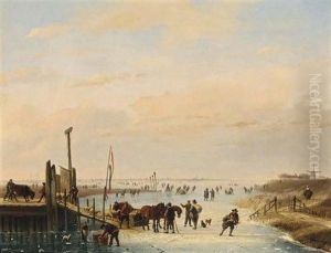 Figures And Cattle On A Frozen River (in Collab.w/eugene Joseph Verboeckhoven) by Nicolaas Johannes Roosenboom