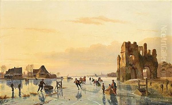 A Winter Landscape With Figures On A Frozen Waterway, A Koek En Zopie In The Distance - view 1