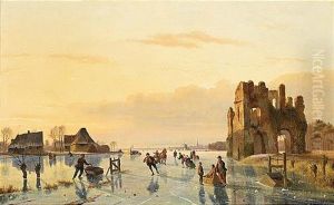 A Winter Landscape With Figures On A Frozen Waterway, A Koek En Zopie In The Distance by Nicolaas Johannes Roosenboom
