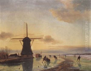 Schlittschuhlaufer Vor Einer Windmuhle by Nicolaas Johannes Roosenboom