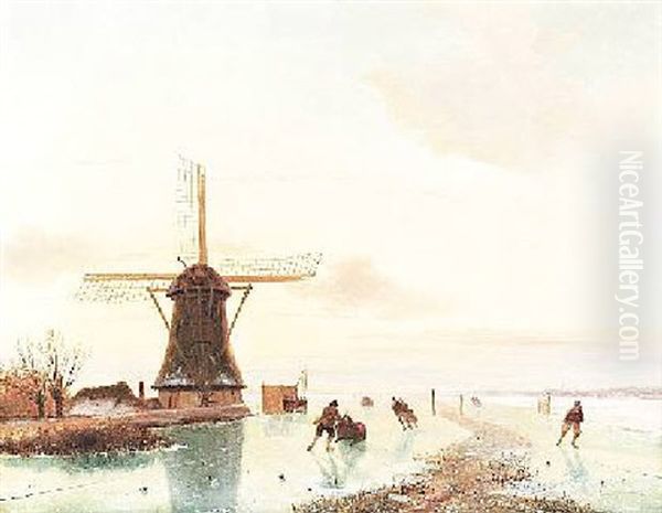 Weite, Vereiste, Hollandische Fluslandschaft Mit Windmuhle - view 1