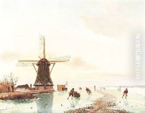 Weite, Vereiste, Hollandische Fluslandschaft Mit Windmuhle by Nicolaas Johannes Roosenboom
