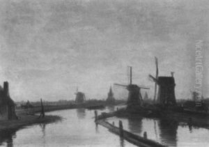 Windmills Along A Canal by Nicolaas Johannes Roosenboom