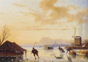 Skaters On A Frozen River by Nicolaas Johannes Roosenboom