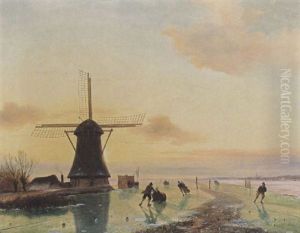 A Winter Landscape With Skating Figures Near A Windmill A Winter Landscape With Skating Figures Near A Windmill